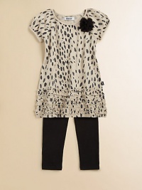 A shimmery animal printed top and soft, stretchy leggings make a glamorous go-to outfit for your little one.CrewneckAnimal print tunic with touches of glitterShort sleevesTulle rose appliquéTiers of ruffles trim the hemSmall logo detail at sideLeggings have elastic waistbandTop: cottonLeggings: cotton/spandexMachine washImported A shimmery animal printed top and soft, stretchy leggings make a glamorous go-to outfit for your little one.CrewneckAnimal print tunic with touches of glitterShort sleevesTulle rose appliquéTiers of ruffles trim the hemSmall logo detail at sideLeggings have elastic waistbandTop: cottonLeggings: cotton/spandexMachine washImported