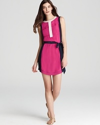 Channeling this season's sports-luxe style, this Tory Burch dress makes delicate silk bold with neon colorblocking and a chic belted waist. Channeling this season's sports-luxe style, this Tory Burch dress makes delicate silk bold with neon colorblocking and a chic belted waist.