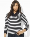 Lauren Ralph Lauren's soft cotton jersey plus size pullover is made complete with breezy stripes, a heritage shawl collar and chic zip-up detailing.