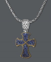 An elegant way to display your faith. Balissima by Effy Collection's remarkable cross pendant features a unique design with round-cut sapphires (7/8 ct. t.w.), 18k gold edges, and a braided sterling silver chain and scroll-accented bale. Approximate length: 18 inches. Approximate drop: 1-2/3 inches. An elegant way to display your faith. Balissima by Effy Collection's remarkable cross pendant features a unique design with round-cut sapphires (7/8 ct. t.w.), 18k gold edges, and a braided sterling silver chain and scroll-accented bale. Approximate length: 18 inches. Approximate drop: 1-2/3 inches.