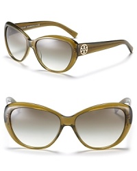 Tory Burch's cat eye sunglasses offer classic styling with rich details that focus on the iconic Tory Burch round logo. Nose tabs help to secure fit. Tory Burch's cat eye sunglasses offer classic styling with rich details that focus on the iconic Tory Burch round logo. Nose tabs help to secure fit.