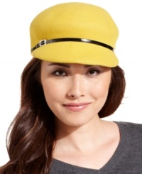 Here's the scoop: this newsboy cap from Nine West is the perfect companion for easy-going style. Soft wool felt is accented with a faux patent leather band with buckle detail, for a look that's fabulously front page. Here's the scoop: this newsboy cap from Nine West is the perfect companion for easy-going style. Soft wool felt is accented with a faux patent leather band with buckle detail, for a look that's fabulously front page.