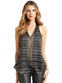 THE LOOKSheer chiffon construction with allover tribal-inspired patternBeaded detailing along frontFront hook-and-eye closureRacerbackTHE FITAbout 26 from shoulder to hemTHE MATERIALPolyesterCARE & ORIGINDry cleanImportedModel shown is 5'9 (175cm) wearing US size Small. This item was originally available for purchase at Saks Fifth Avenue OFF 5TH stores THE LOOKSheer chiffon construction with allover tribal-inspired patternBeaded detailing along frontFront hook-and-eye closureRacerbackTHE FITAbout 26 from shoulder to hemTHE MATERIALPolyesterCARE & ORIGINDry cleanImportedModel shown is 5'9 (175cm) wearing US size Small. This item was originally available for purchase at Saks Fifth Avenue OFF 5TH stores