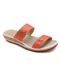 Brighten up your summer style with the bold leather, easy comfort and cute design of the Jaquelle slide sandals by Rockport. Brighten up your summer style with the bold leather, easy comfort and cute design of the Jaquelle slide sandals by Rockport.