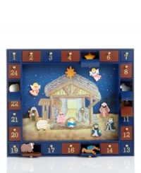 Tell the original Christmas story over the course of December with this elaborate nativity-themed advent calendar from Kurt Adler. Behind each door you'll find someone or something that was present at the manger that day. Tell the original Christmas story over the course of December with this elaborate nativity-themed advent calendar from Kurt Adler. Behind each door you'll find someone or something that was present at the manger that day.