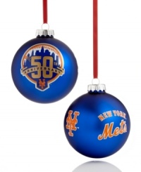 Reflect on half a century of Mets miracles with this blue and orange ornament from Kurt Adler. A must-have for New York baseball fans! Shown front and back. Reflect on half a century of Mets miracles with this blue and orange ornament from Kurt Adler. A must-have for New York baseball fans! Shown front and back.