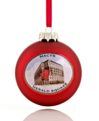 An iconic New York City landmark, Macy's Herald Square is displayed in all its glory on this matte glass ornament from Kurt Adler. An iconic New York City landmark, Macy's Herald Square is displayed in all its glory on this matte glass ornament from Kurt Adler.