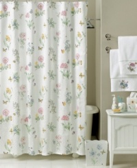 Let the spring whimsy of this shower curtain wash over you like an April shower. Butterflies and flowers dance along a white face in this pattern inspired by the dinnerware. Let the spring whimsy of this shower curtain wash over you like an April shower. Butterflies and flowers dance along a white face in this pattern inspired by the dinnerware.