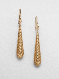 From the Diamantissima Collection. A long 18k gold drop design with diamond-shaped cut outs. 18K goldLength, about 2.3Hook backMade in Italy