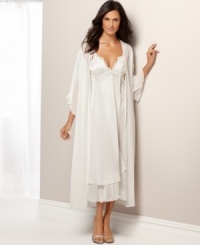 Fluttering sleeves with floral bouquets are the sweet highlight of this graceful Secret Garden robe by Flora Nikrooz. Fluttering sleeves with floral bouquets are the sweet highlight of this graceful Secret Garden robe by Flora Nikrooz.