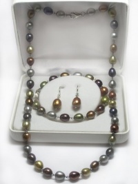 7-8mm Bright Multicolor Oval Freshwater Pearl Wire-Wrapped Necklace, Bracelet, and Dangle Earring Set in Sterling Silver 7-8mm Bright Multicolor Oval Freshwater Pearl Wire-Wrapped Necklace, Bracelet, and Dangle Earring Set in Sterling Silver