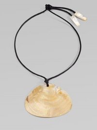 This lustrous Mother of Pearl pendant is suspended from a delicate cotton cord.Mother of PearlCotton cording Length, about 15Pendant, about 5W X 4½HTie closure with Mother of Pearl tipsImported This lustrous Mother of Pearl pendant is suspended from a delicate cotton cord.Mother of PearlCotton cording Length, about 15Pendant, about 5W X 4½HTie closure with Mother of Pearl tipsImported