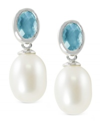 Understated elegance. These earrings, crafted from sterling silver with a rhodium finish, embrace elegance with faceted blue topaz (1 ct. t.w.) and cultured freshwater pearls (8-8-1/2 mm). Approximate drop length: 3/4 inch. Approximate drop width: 1/3 inch. Understated elegance. These earrings, crafted from sterling silver with a rhodium finish, embrace elegance with faceted blue topaz (1 ct. t.w.) and cultured freshwater pearls (8-8-1/2 mm). Approximate drop length: 3/4 inch. Approximate drop width: 1/3 inch.