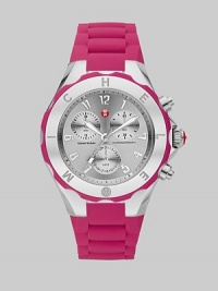 From the Tahitian Jelly Bean Collection. A fun and colorful design with technical appeal. Quartz movementWater resistant to 6 ATMRound stainless steel case, 40mm (1.6)Logo etched bezelSilver chronograph dialNumeric hour markersSecond hand Pink silicone strapImported