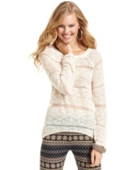 What more could you want in a winter sweater? Eyeshadow's cozy pullover joins textured slub-knit fabric with sheer, metallic-flecked stripes. What more could you want in a winter sweater? Eyeshadow's cozy pullover joins textured slub-knit fabric with sheer, metallic-flecked stripes.