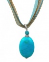 Necklace - N65 - Genuine Semi Precious Turquoise Gemstone hung on Five-Strand Organza and Cotton Cord + 2 Extension Chain - Oval Shape ~ Aqua & Brown Cord