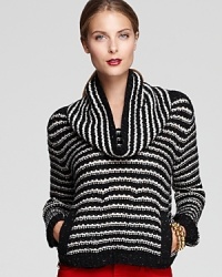 Cozy-chic defines this lofty knit White + Warren sweater that flaunts bold contrast stripes, a stylish cowl neck and clever hand-warming pockets in front.