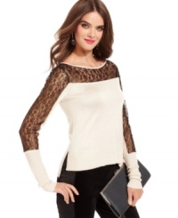 A metallic lace inset adds a hint of sultriness to this RACHEL Rachel Roy sweater -- perfect upping the chic appeal of a casual look! A metallic lace inset adds a hint of sultriness to this RACHEL Rachel Roy sweater -- perfect upping the chic appeal of a casual look!
