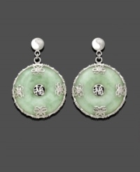 The look of serenity. These drop earrings are both calm and cool with circular jade stones (20 mm) highlighted by a sterling silver floral overlay. Approximate drop: 1-1/2 inches. The look of serenity. These drop earrings are both calm and cool with circular jade stones (20 mm) highlighted by a sterling silver floral overlay. Approximate drop: 1-1/2 inches.