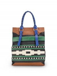 THE LOOKAdjustable, contrast tubular leather double top handlesOpen topFront multicolor tribal-inspired cutout leather designOne outside zip pocketOne inside zip pocketTwo inside open pocketsInside logo detailTHE MEASUREMENTDouble top handles, 6 drop12W X 14H X 5½DTHE MATERIALLeatherLogo printed liningORIGINImported THE LOOKAdjustable, contrast tubular leather double top handlesOpen topFront multicolor tribal-inspired cutout leather designOne outside zip pocketOne inside zip pocketTwo inside open pocketsInside logo detailTHE MEASUREMENTDouble top handles, 6 drop12W X 14H X 5½DTHE MATERIALLeatherLogo printed liningORIGINImported