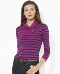 Lauren Jeans Co.'s soft cotton jersey pullover is made complete with breezy stripes, a heritage shawl collar and chic zip-up detailing (Clearance) Lauren Jeans Co.'s soft cotton jersey pullover is made complete with breezy stripes, a heritage shawl collar and chic zip-up detailing (Clearance)