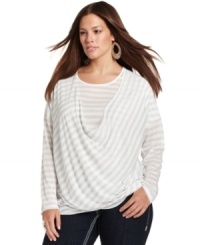 Sparkle from day to night with Seven7 Jeans' long sleeve plus size top, highlighted by metallic stripes. Sparkle from day to night with Seven7 Jeans' long sleeve plus size top, highlighted by metallic stripes.