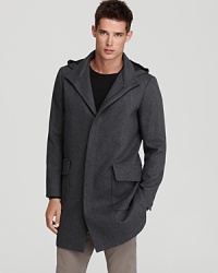 From the hood to the herringbone print, this long coat from Theory brings layers of depth to your style. From the hood to the herringbone print, this long coat from Theory brings layers of depth to your style.