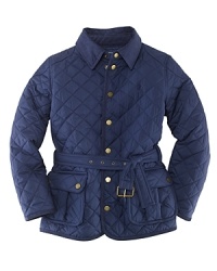 The classic barn jacket in diamond-quilted microfiber is updated for a modern preppy look with a corduroy pointed collar and belted waist. The classic barn jacket in diamond-quilted microfiber is updated for a modern preppy look with a corduroy pointed collar and belted waist.