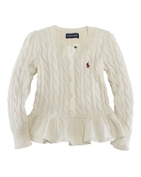 A modern long-sleeved cardigan in our signature cabled cotton is updated with a pretty peplum hem. A modern long-sleeved cardigan in our signature cabled cotton is updated with a pretty peplum hem.