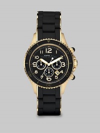 Striking and sporty, combining a full-function chronograph with gold IP-finishing over stainless steel and elegant black enamel and silicone layering.Round stainless steel case with gold IP finishing Striking and sporty, combining a full-function chronograph with gold IP-finishing over stainless steel and elegant black enamel and silicone layering.Round stainless steel case with gold IP finishing