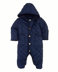 Baby keeps warm from head to toe in a cozy hooded bunting, rendered in sleek diamond-quilted microfiber and lined in soft-to-the-touch winter fleece. Baby keeps warm from head to toe in a cozy hooded bunting, rendered in sleek diamond-quilted microfiber and lined in soft-to-the-touch winter fleece.