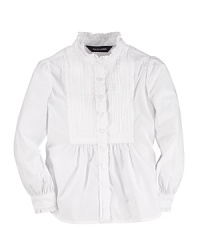 A classic tuxedo shirt is accented with a pintucked bib and pretty ruffles for a girly look. A classic tuxedo shirt is accented with a pintucked bib and pretty ruffles for a girly look.