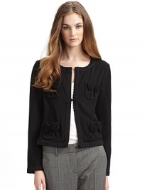 THE LOOKCrewneckOne front hook closureLong sleeves with textured ribbon trim cuffsTextured ribbon trim on crewneck, placket and hemFour front patch pockets with rosette detailsLined sleevesTHE FITAbout 18 from shoulder to longest point of hemTHE MATERIAL95% polyester/5% other fibersCARE & ORIGINDry cleanMade in Italy THE LOOKCrewneckOne front hook closureLong sleeves with textured ribbon trim cuffsTextured ribbon trim on crewneck, placket and hemFour front patch pockets with rosette detailsLined sleevesTHE FITAbout 18 from shoulder to longest point of hemTHE MATERIAL95% polyester/5% other fibersCARE & ORIGINDry cleanMade in Italy