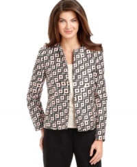 A bold geometric print lends graphic appeal to Kasper's collarless, open-front jacket. An easy statement-making piece to add into your weekday wardrobe! A bold geometric print lends graphic appeal to Kasper's collarless, open-front jacket. An easy statement-making piece to add into your weekday wardrobe!