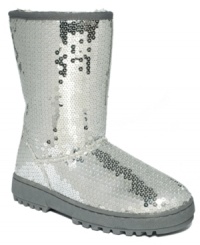 With an all-over sequined upper, the Annika faux-fur booties by Rampage combine cozy comfort with sensational sparkle. With an all-over sequined upper, the Annika faux-fur booties by Rampage combine cozy comfort with sensational sparkle.