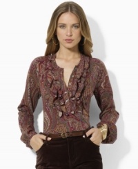 Flirty ruffles, pintucks and a romantic paisley pattern bring femininity and charm to Lauren Ralph Lauren's lightweight cotton petite top. Flirty ruffles, pintucks and a romantic paisley pattern bring femininity and charm to Lauren Ralph Lauren's lightweight cotton petite top.