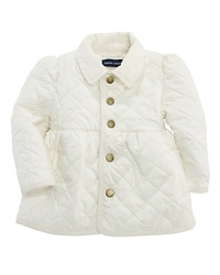 The classic diamond-quilted microfiber barn jacket is prettily updated with puffed sleeves, an empire waist and a preppy corduroy collar. The classic diamond-quilted microfiber barn jacket is prettily updated with puffed sleeves, an empire waist and a preppy corduroy collar.