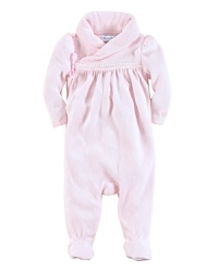 An essential coverall is rendered in soft flat-knit cotton and finished with a preppy shawl collar and lace trim for a pretty look. An essential coverall is rendered in soft flat-knit cotton and finished with a preppy shawl collar and lace trim for a pretty look.