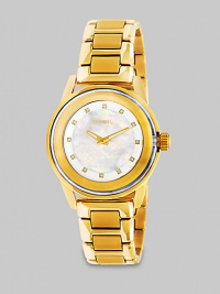 From the Orchestra Collection. Add a little sparkle with this Swarovski crystal accented timepiece. Quartz movementWater resistant to 10 ATMRound goldtone ion-plated stainless steel case, 40.5mm (1.6) Smooth bezelMother-of-pearl dialSwarovski crystal hour markersGoldtone ion-plated stainless stee link braceletImported From the Orchestra Collection. Add a little sparkle with this Swarovski crystal accented timepiece. Quartz movementWater resistant to 10 ATMRound goldtone ion-plated stainless steel case, 40.5mm (1.6) Smooth bezelMother-of-pearl dialSwarovski crystal hour markersGoldtone ion-plated stainless stee link braceletImported