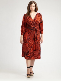 Designed to flatter your silhouette, an irresistible design featuring an exotic print, gathered details and a timelessly complementary wrap silhouette.V-neckThree-quarter sleevesAllover printWrap frontAbout 24 from natural waist95% viscose/5% elastaneMachine washImportedPlease note: placement of print may vary. Designed to flatter your silhouette, an irresistible design featuring an exotic print, gathered details and a timelessly complementary wrap silhouette.V-neckThree-quarter sleevesAllover printWrap frontAbout 24 from natural waist95% viscose/5% elastaneMachine washImportedPlease note: placement of print may vary.