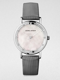 From the Koppel Collection. A dazzling, diamond accented timepiece based on the brand's philosophy to meld design and functionality. Quartz movementWater resistant to 3 ATMRound stainless steel case, 28mm (1.1)Diamond accented bezel, .12 tcwWhite mother-of-pearl dialDot hour markersGrey satin strapMade in Switzerland From the Koppel Collection. A dazzling, diamond accented timepiece based on the brand's philosophy to meld design and functionality. Quartz movementWater resistant to 3 ATMRound stainless steel case, 28mm (1.1)Diamond accented bezel, .12 tcwWhite mother-of-pearl dialDot hour markersGrey satin strapMade in Switzerland
