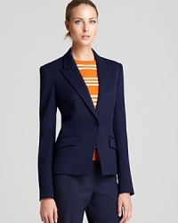 This Theory jacket is well-structured in a one-button silhouette and crafted from a comfortable wool blend--a classic mix-and-match suit separate that's easy to dress up or down. This Theory jacket is well-structured in a one-button silhouette and crafted from a comfortable wool blend--a classic mix-and-match suit separate that's easy to dress up or down.