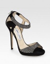 Luscious Italian suede is lavished with crystals for an unforgettable look.Suede-covered heel, 5 (125mm) Suede-covered platform, ¾ (20mm) Compares to a 4¼ heel (110mm) Open toe Back zipper Leather lining and sole Padded insole Made in Italy
