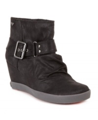 Ruche detail and a large buckled strap make Roxy's Cardinal wedge booties a total must-have. Ruche detail and a large buckled strap make Roxy's Cardinal wedge booties a total must-have.