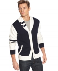 Pep up your style. Get in touch with your inner collegiate spirit with this uniquely handsome shawl collar sweater by X-Ray. Pep up your style. Get in touch with your inner collegiate spirit with this uniquely handsome shawl collar sweater by X-Ray.