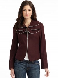 THE LOOKOversized ruffle collar with silver zipper trimLong sleeves with side slitsWelted princess seams front and backZip front closureFully linedTHE FITAbout 22 from shoulder to hemTHE MATERIALVirgin woolCARE & ORIGINDry cleanImported THE LOOKOversized ruffle collar with silver zipper trimLong sleeves with side slitsWelted princess seams front and backZip front closureFully linedTHE FITAbout 22 from shoulder to hemTHE MATERIALVirgin woolCARE & ORIGINDry cleanImported
