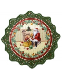 Feel like a kid on Christmas with the Toy's Fantasy pastry plate from Villeroy & Boch. Fine porcelain in a playfully ruffled shape features a beautiful illustration of Santa and his sleigh trimmed with intricate patterns and classic toys. Feel like a kid on Christmas with the Toy's Fantasy pastry plate from Villeroy & Boch. Fine porcelain in a playfully ruffled shape features a beautiful illustration of Santa and his sleigh trimmed with intricate patterns and classic toys.
