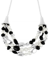 It's style times three in this frontal necklace from Robert Lee Morris. Crafted from silver-tone mixed metal, the necklace features black beads and simulated pearl accents layered along three rows. Approximate length: 21 inches + 3-inch extender. Approximate drop: 2-1/2 inches. It's style times three in this frontal necklace from Robert Lee Morris. Crafted from silver-tone mixed metal, the necklace features black beads and simulated pearl accents layered along three rows. Approximate length: 21 inches + 3-inch extender. Approximate drop: 2-1/2 inches.
