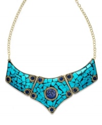 My blue heaven. Robert Rose makes a bold statement with navy and jade acrylic tiles and stone accents. Crafted in gold tone mixed metal. Approximate length: 14 inches + 2-inch extender. My blue heaven. Robert Rose makes a bold statement with navy and jade acrylic tiles and stone accents. Crafted in gold tone mixed metal. Approximate length: 14 inches + 2-inch extender.