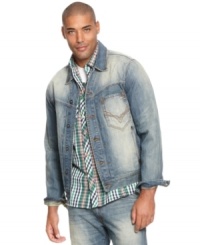 This fall, get decked out in denim with this cool Rocawear jacket. This fall, get decked out in denim with this cool Rocawear jacket.